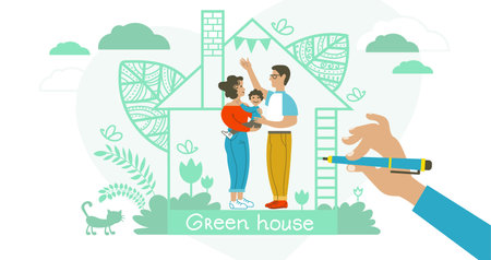 Abstract vector illustration. The family prefers to live in an environmentally friendly house made of quality building materials. Green home concept to save the environment and save the planet.のイラスト素材