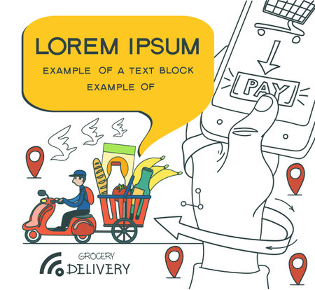 Vector illustration. Fast food delivery service. The concept of affordable and easy ordering of food.のイラスト素材
