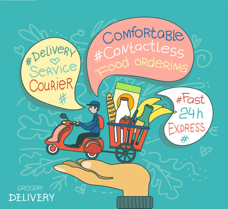 Vector illustration. Fast food delivery service. The concept of affordable and easy ordering of food.のイラスト素材