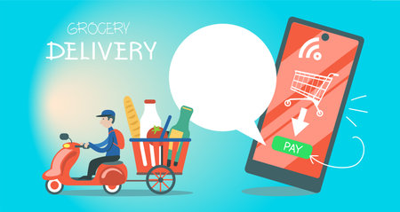 Vector illustration. Fast food delivery service. Application concept for online food ordering. With speech bubble for promotional text.のイラスト素材