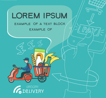 Vector illustration. Fast food delivery service. The concept of affordable and easy ordering of food.のイラスト素材