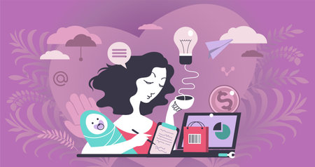 Abstract vector illustration. The modern woman combines motherhood and business. Family life and career development concept for housewife.のイラスト素材