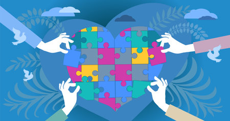 Abstract vector illustration. Human hands of caring people, stretching out puzzle pieces to join them into one big heart. The concept of social support, charity, volunteering.のイラスト素材