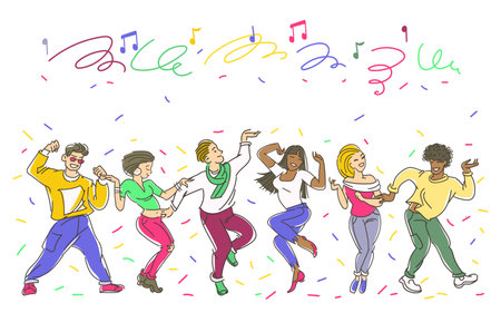 Vector illustration. A group of dancing young people surrounded by ribbons and confetti. Entertainment and celebration concept.のイラスト素材