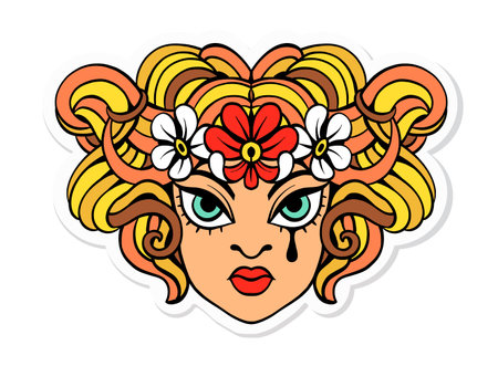 Vector illustration. Fashionable tattoo, sticker, t-shirt print. Cute face of a girl with curly hair and flowers on her head in vintage style.のイラスト素材