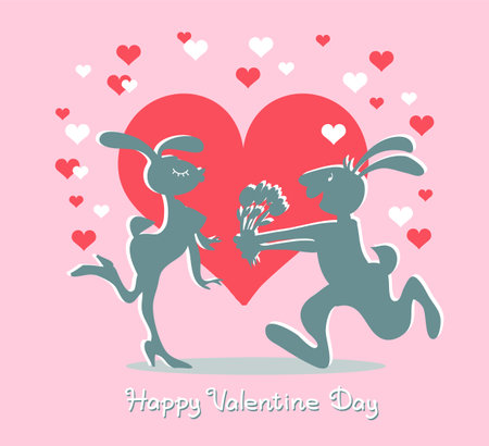 Vector illustration with an inscription. Valentine design. Funny silhouettes of two enamored rabbits surrounded by hearts.のイラスト素材
