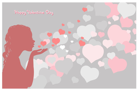 Vector illustration with an inscription. Happy Valentine Day. Attractive girl sends an air kiss surrounded by hearts.のイラスト素材