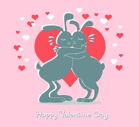 Vector illustration with an inscription. Valentine design. Funny silhouettes of two enamored rabbits surrounded by hearts.のイラスト素材