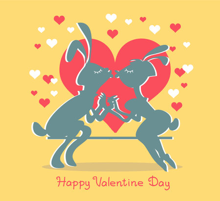 Vector illustration with an inscription. Valentine Day design. Funny silhouettes of two kissing rabbits surrounded by hearts.のイラスト素材