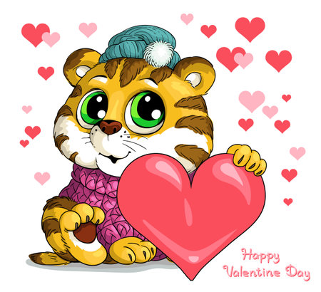 Vector illustration with the inscription Happy Valentine Day. A cute tiger cub gives a heart. Happy holiday concept. Valentine card.のイラスト素材