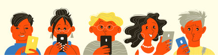 Vector illustration. People look at their cell phones and chat on social media.のイラスト素材