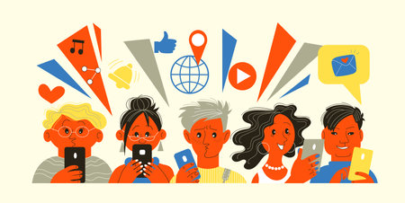 Vector illustration. People hold mobile phones in their hands and use them for different purposes. Phone and social media addiction for today's youthのイラスト素材