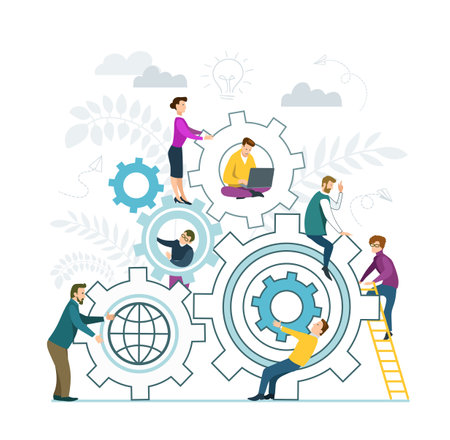 Vector illustration in flat design style. Teamwork. People put together puzzle pieces. Business team, business cooperation and partnership concept.のイラスト素材