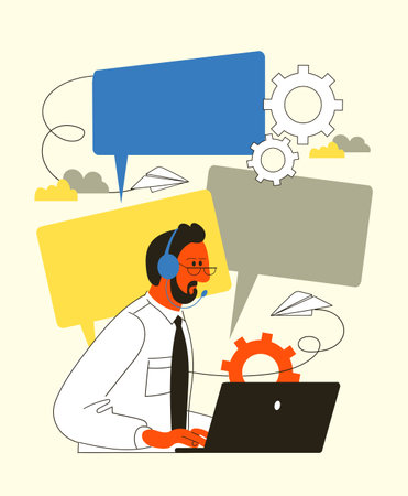 Vector illustration. The hotline operator serves customers. 24.7 online consultation, global technical support.のイラスト素材