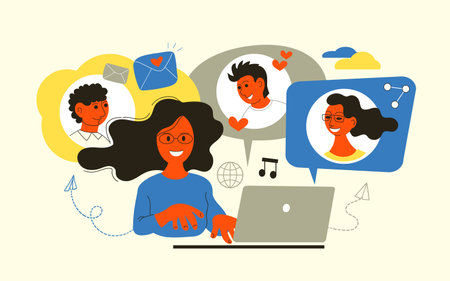 Vector illustration in a flat style. Social media networks, messages, friends search, video, chat, internet news, music.のイラスト素材