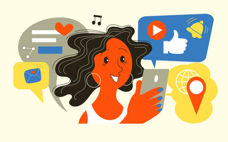 Vector illustration. Girl holding mobile phone with application icons. Social media addiction.のイラスト素材