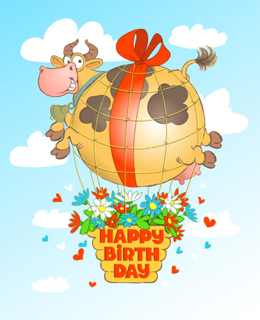 Vector humorous birthday illustration. Cute cow in the form of a balloon flies with a basket of flowersのイラスト素材