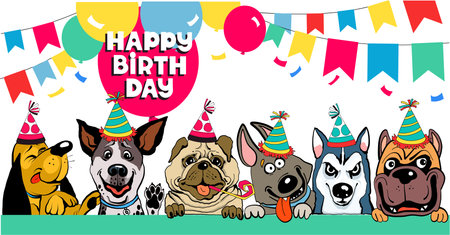 Friends colorful vector illustration. Funny funny dogs congratulate happy birthday surrounded by balloons and flagsのイラスト素材