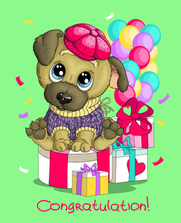 Vector humorous birthday illustration. A cute funny happy dog sits in a hat with gifts and balloons. Congratulations letteringのイラスト素材