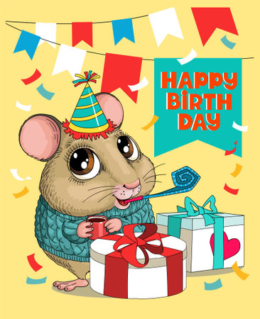 Vector humorous birthday illustration. A cute funny mouse is sitting in a hat and a whistle with big gifts. Around the flags and tinsel.のイラスト素材