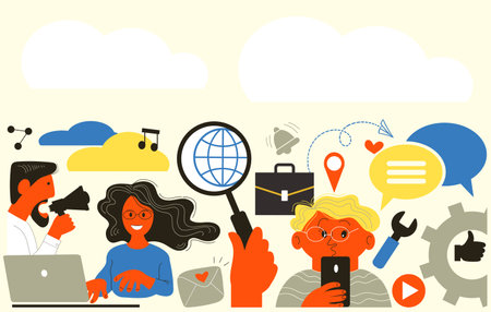 Vector flat illustration. Internet communication, find friends on social networks, chat, website, messages, videos, news, messages.のイラスト素材