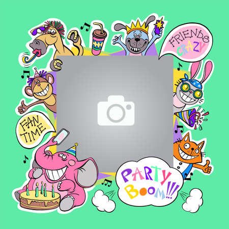 Funny colorful photo frame for baby photography. Party with friends, birthday, fun holiday. Vector illustration with isolated objects.のイラスト素材