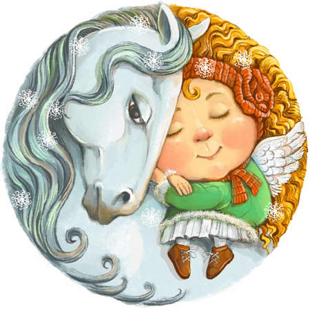 Colorful illustration of a round shape. A cute little ginger angel is sleeping peacefully on the back of a white horse. The concept of winter, sweet dreams, tranquility and relaxation.の写真素材