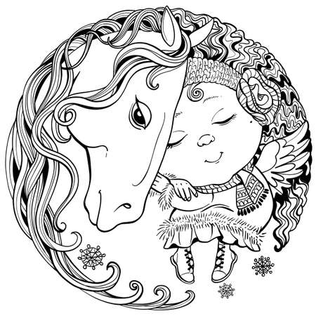 Vector black and white illustration of a round shape. The little angel sleeps peacefully on the back of a horse with a long mane.のイラスト素材
