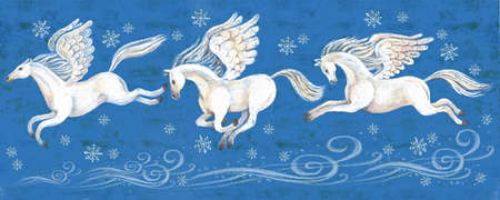 A vivid illustration of beautiful white horses flying on their wings across the night winter sky. Surrounded by blizzards and snowflakes on a blue background. Flying Pegasus, romance, inspiration, museの写真素材