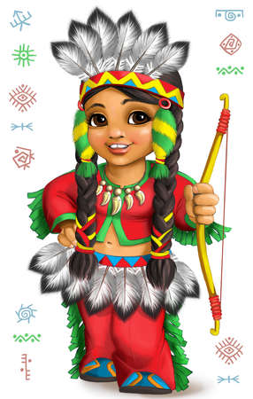 Bright cartoon of a cute Native American girl in the national costume of the culture of North Americaの写真素材