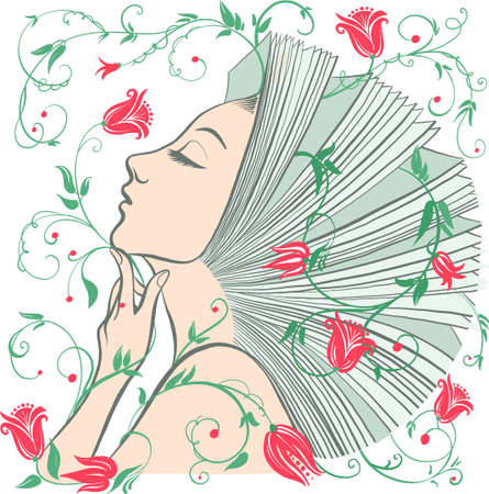 Vector illustration of philosophy, symbol of life, female psychology. A woman is like an open book. The concept of mental health, psychoanalysis and psychotherapy.のイラスト素材