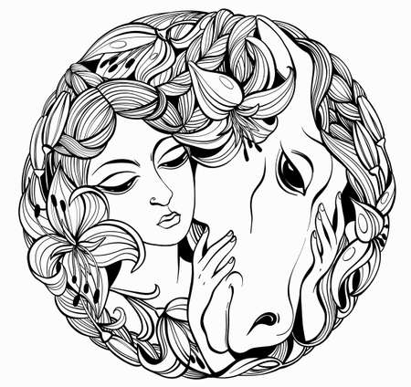Vector romantic black and white illustration in the shape of a circle. A beautiful face of a girl who hugs a horse surrounded by flowers.のイラスト素材