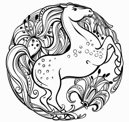 Romantic black and white vector illustration of graceful line in the shape of a circle. A beautiful horse with a gorgeous mane surrounded by flowers.のイラスト素材