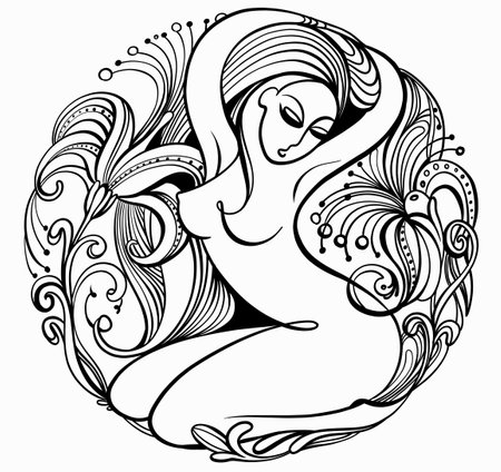 Romantic black and white vector illustration of a graceful line in the shape of a circle. Beautiful graceful woman surrounded by flowers.のイラスト素材