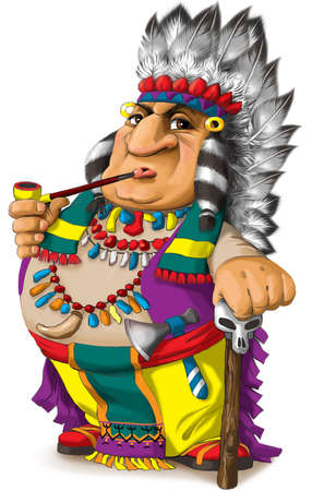 Illustration of a funny Indian tribal leader in a bright colorful national costume of North Americaの写真素材