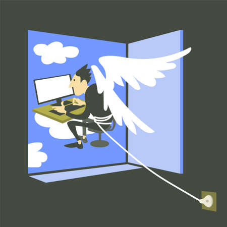 Vector illustration of philosophy. A metaphor for the online social media addict lifestyle. A man with wings behind his back sits at a computer monitor, cannot get into the outside world. The concept of mental health, psychoanalysis and psychotherapy.のイラスト素材