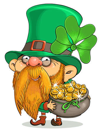 Vector cartoon. Postcard for St. Patrick's Day. Cute Irish Leprechaun and a pot of gold coins.のイラスト素材