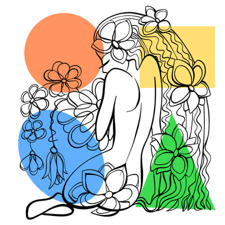 Vector illustration. Graphic abstract portrait of a seated woman with flowers. Drawn with calligraphic line.のイラスト素材