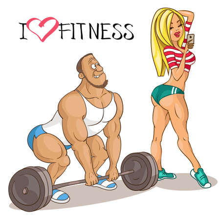 Vector caricature. Cartoon funny illustration. A beautiful woman athlete distracts a man who is engaged with a barbell. The concept of an attractive sporty appearance. Motivation for sports.のイラスト素材