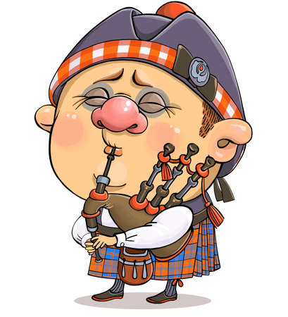 Vector cartoon. A funny illustration of a cute British piper in national costume with a musical instrument.のイラスト素材
