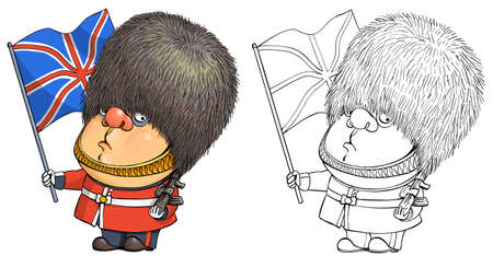 Vector cartoon for coloring. Funny illustration of a cute british guardsman holding the national flag of Great Britainのイラスト素材