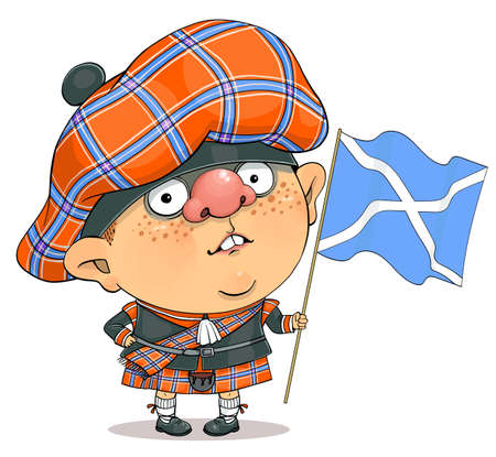 Funny cartoon vector. Illustration of a cute british guy in a Scottish national costume and the flag of Scotlandのイラスト素材