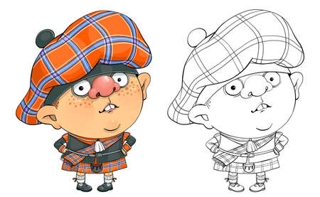 Vector cartoon for coloring. A funny illustration of a cute Scottish guy in a national costume.のイラスト素材