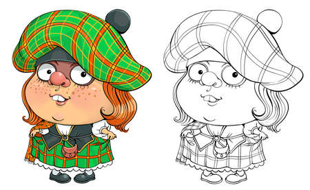 Vector cartoon for coloring. Funny illustration of a pretty Scottish woman in national costume.のイラスト素材