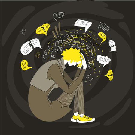 Vector illustration of philosophy. Psychological drama. Mental disorder. A woman in despair and stress holds her head with her hands. Scraps of her depressing thoughts are everywhere.のイラスト素材