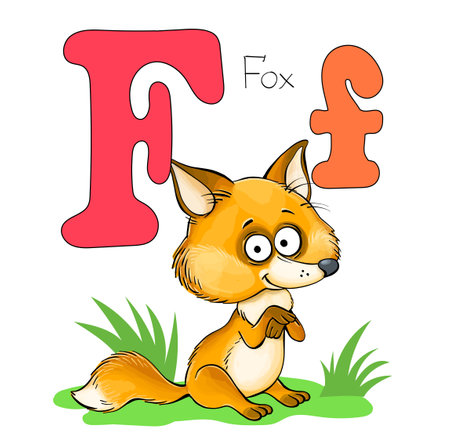 Vector illustration. Alphabet with animals. Large capital letter F with a picture of a bright cute fox.のイラスト素材
