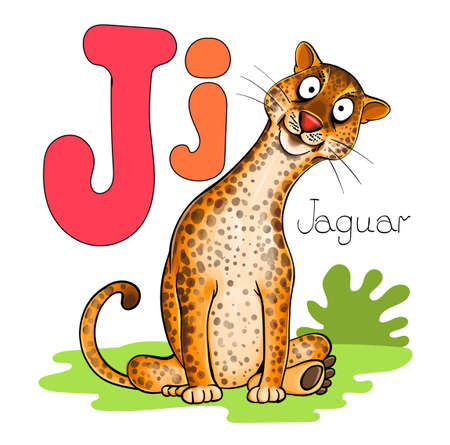 Vector illustration. Alphabet with animals. Large capital letter J with a picture of a bright, cute jaguar.のイラスト素材