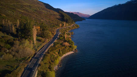 Aerial view side lake road in south New Zealand