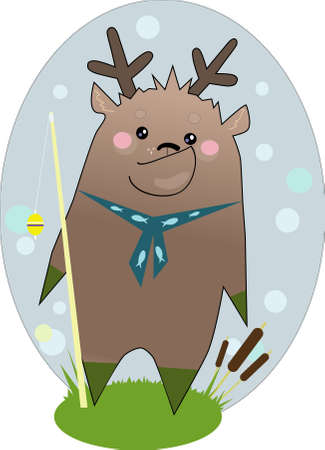 Deer with bait for fishing. Colored vector illustration.のイラスト素材