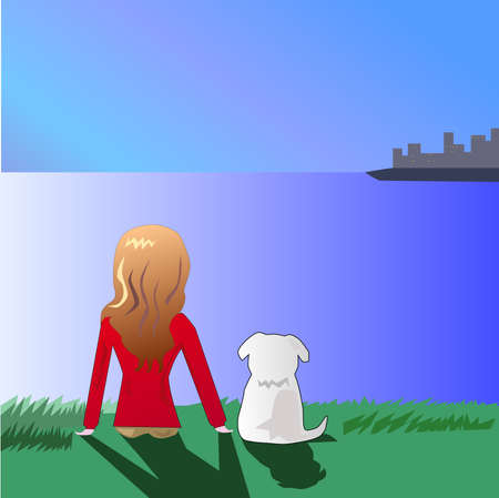Woman and dog on the beach.のイラスト素材